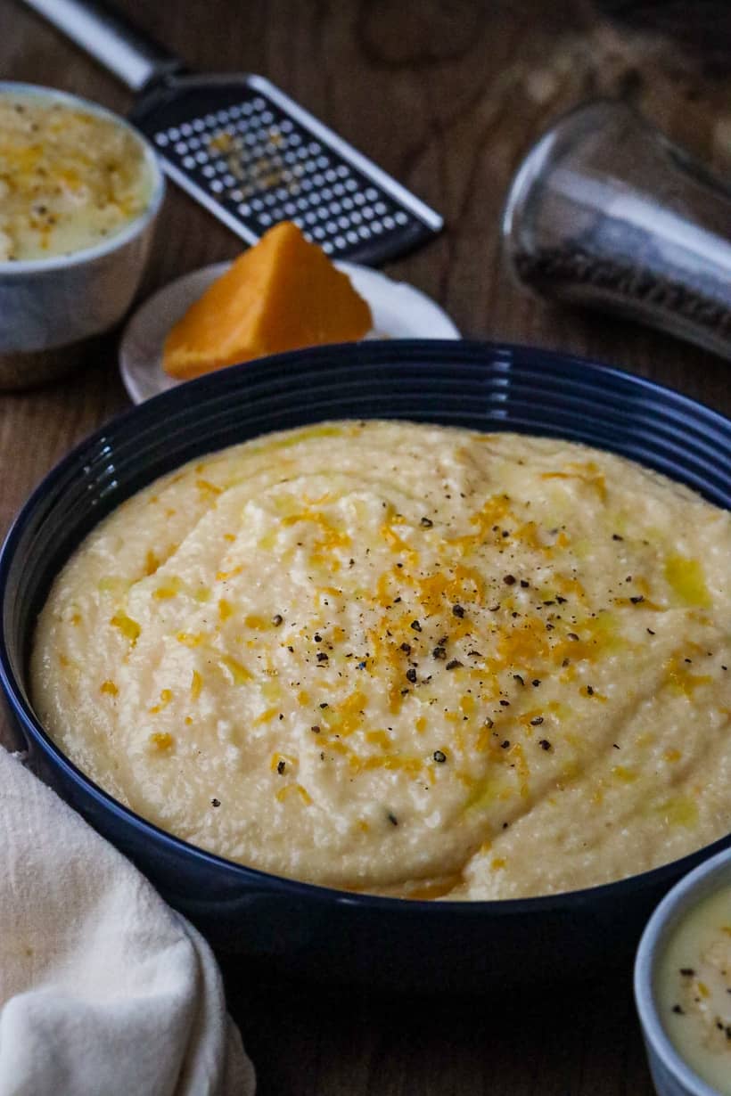 grits in blue bowl