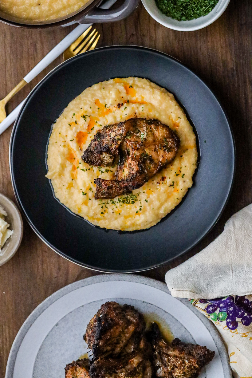 cheesy grits with air fryer sea bass