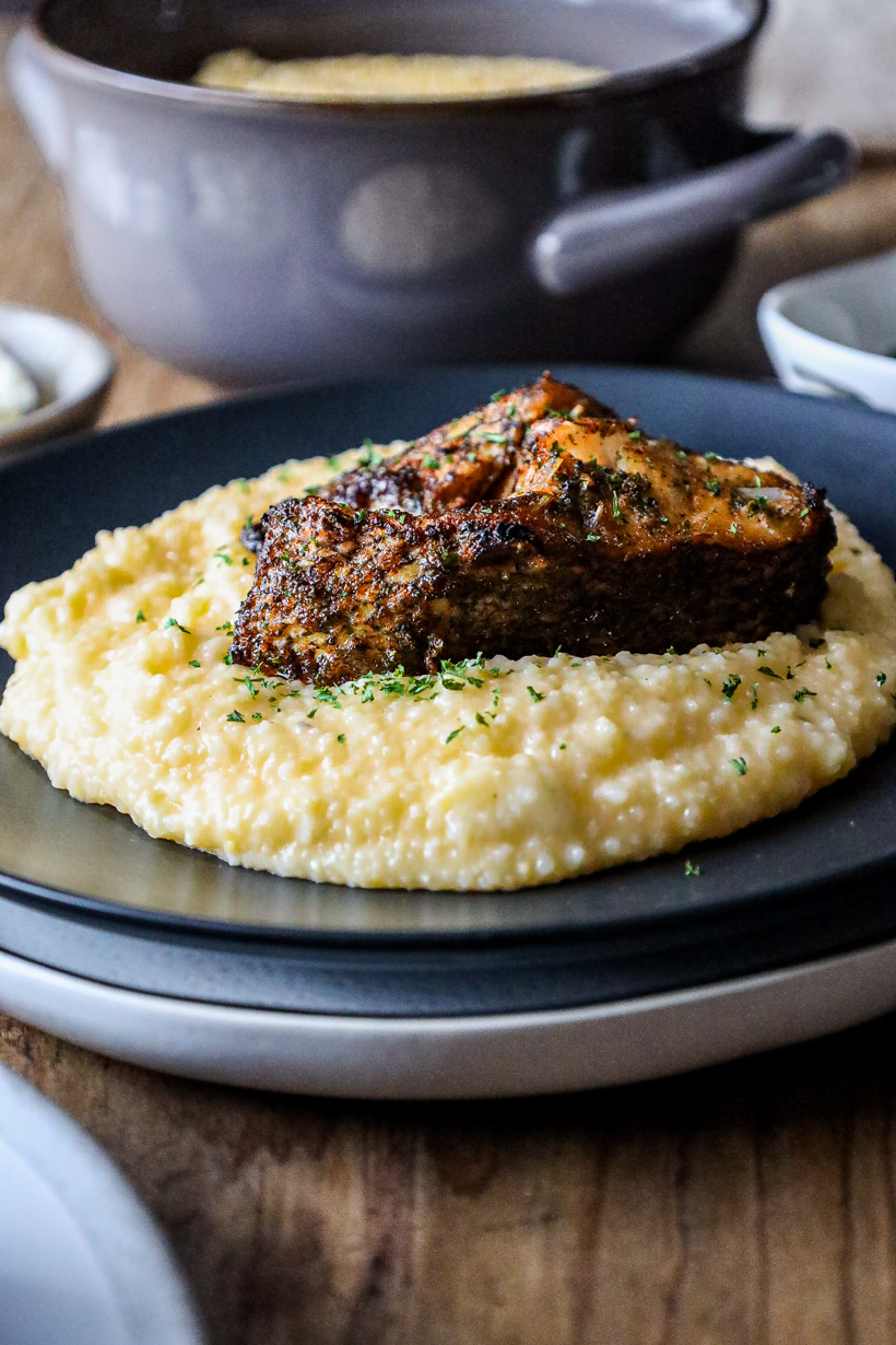 air fryer sea bass on cheesy grits