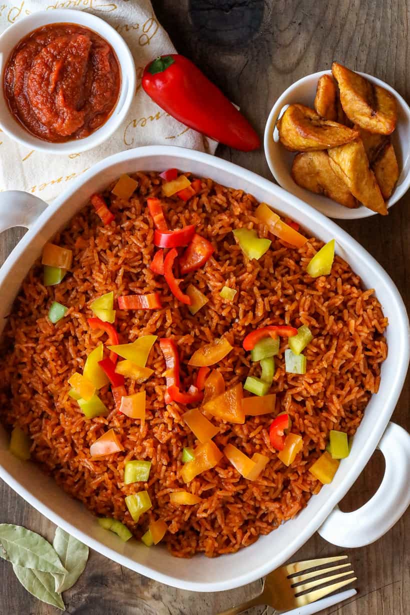 rice and plantains in white bowls