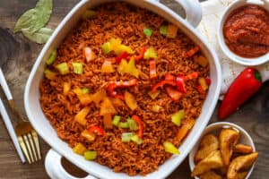 Rice in bowl with plantains and sauce