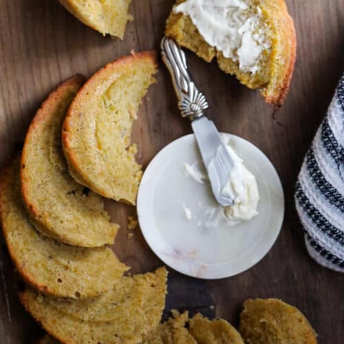 sliced plantain bread on wooden board