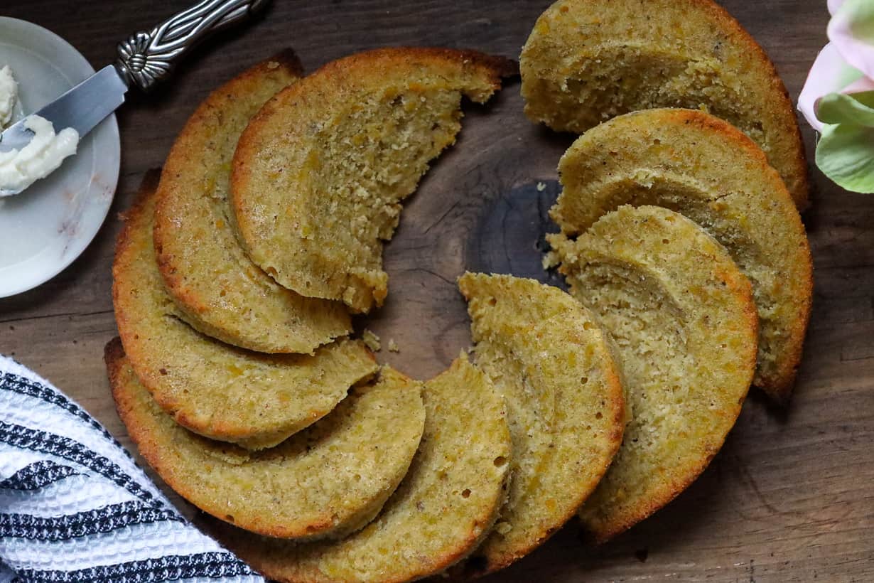 plantain bread on board with flower