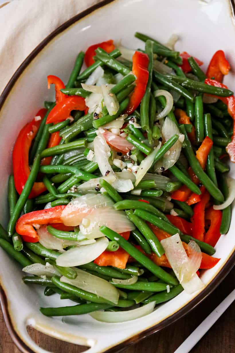 sautéed frozen green beans on white bowl