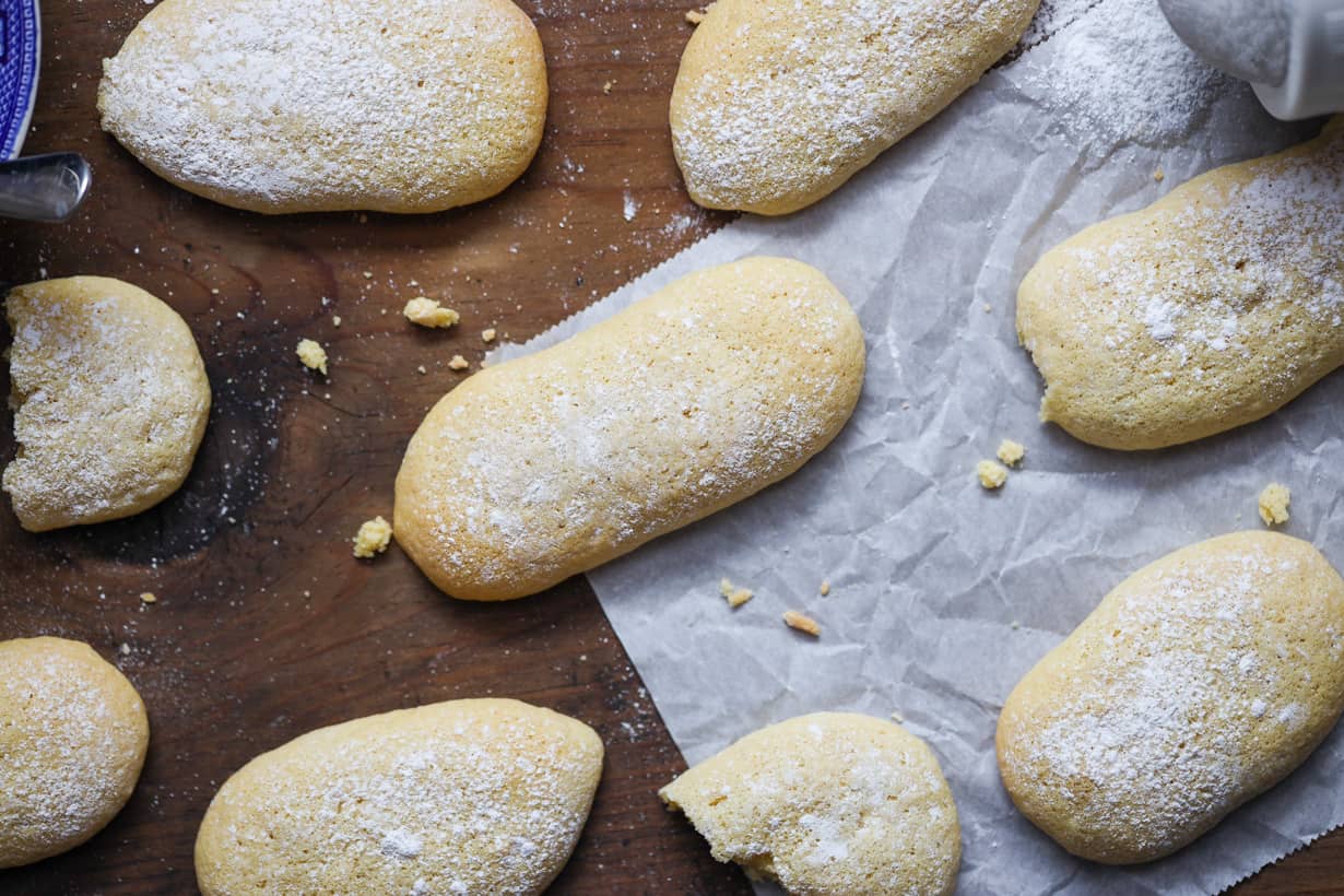 Savoiardi biscuits on wooden board