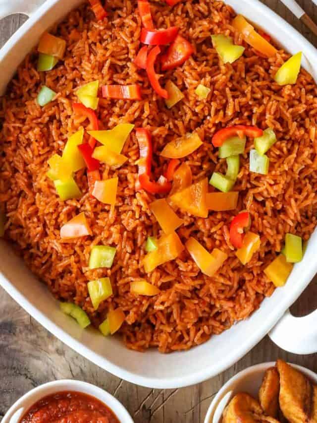 Ghanaian Jollof Rice with bell peppers in bowl