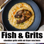 fish and grits on black plate Pinterest Pin
