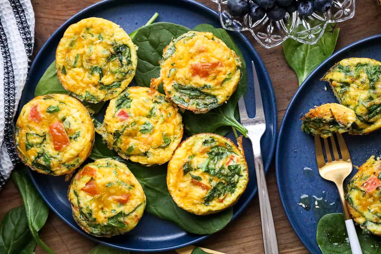 egg muffins with fork on blue plate