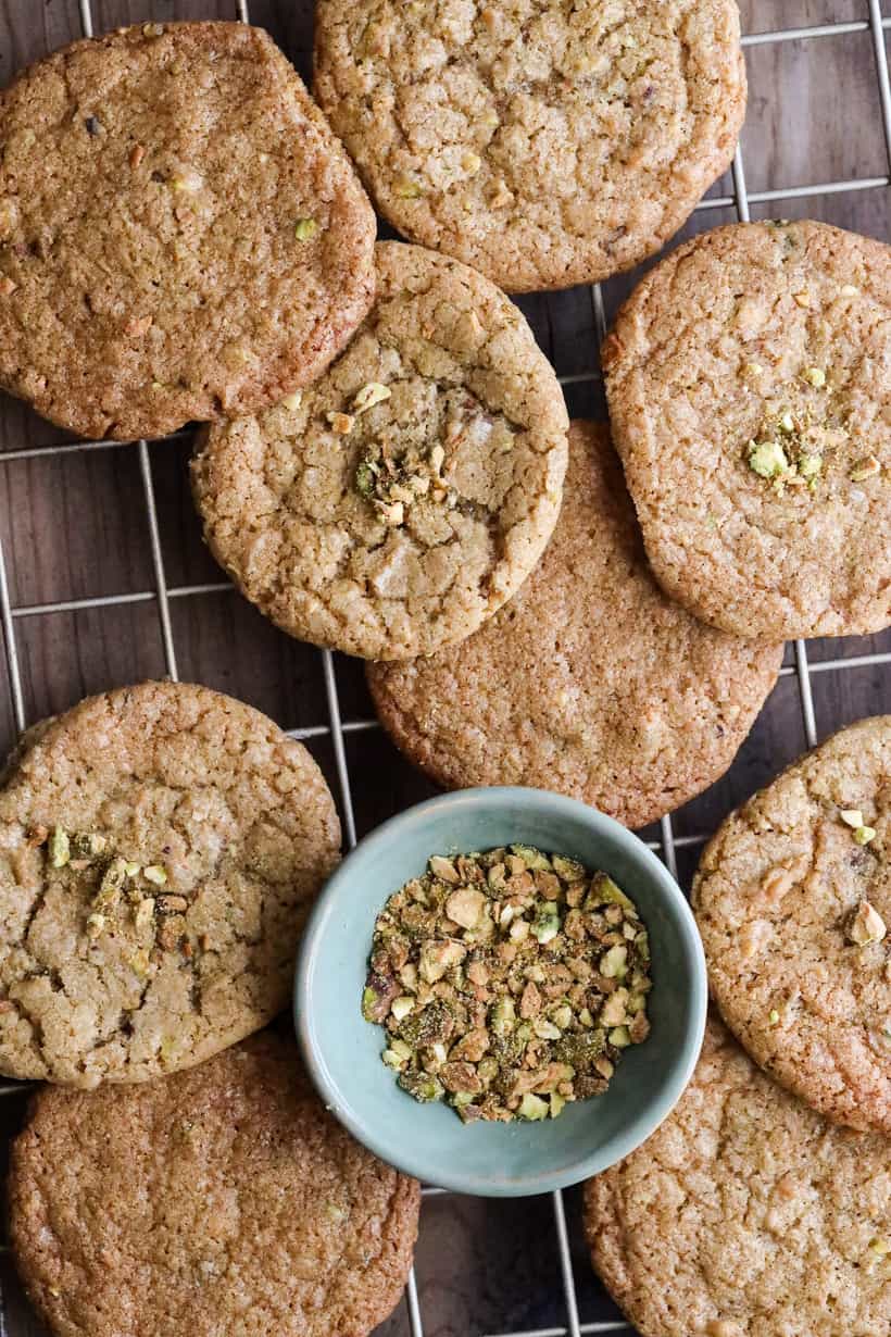 Pistachio cookies on cooling rack