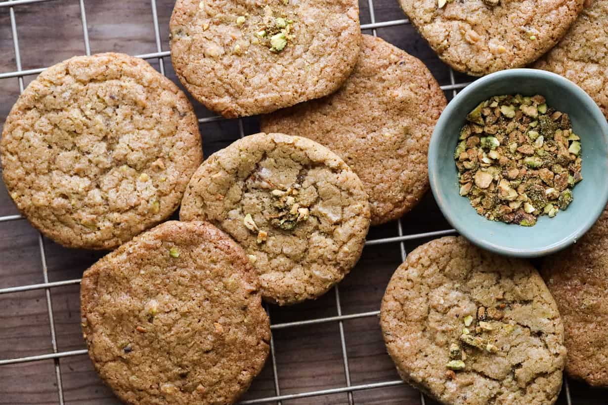 Pistachio Cookies on cooling rack