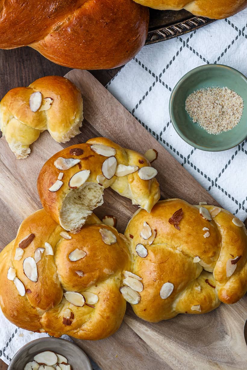 braided bread on wooden board
