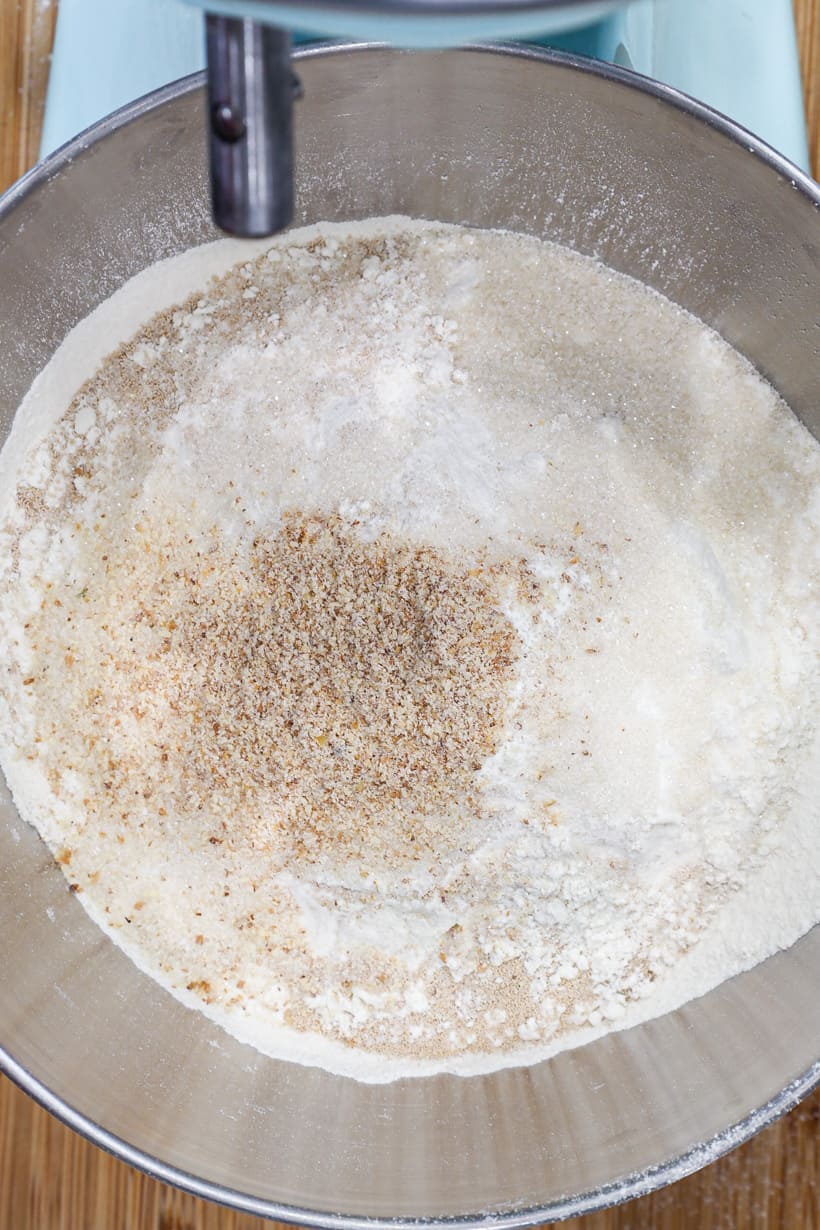 Flour and ingredients in stand mixture.