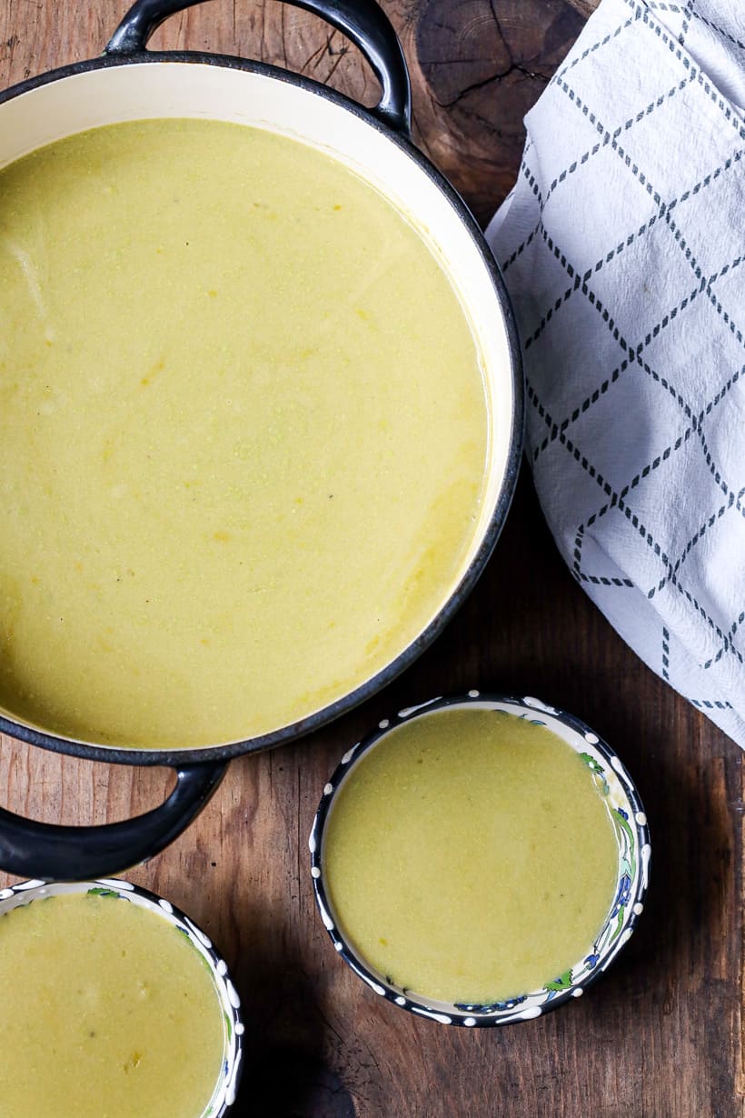 Asparagus Soup in large saucepan and two bolws