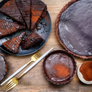 slices of Tarte Aux Chocolat on black plate
