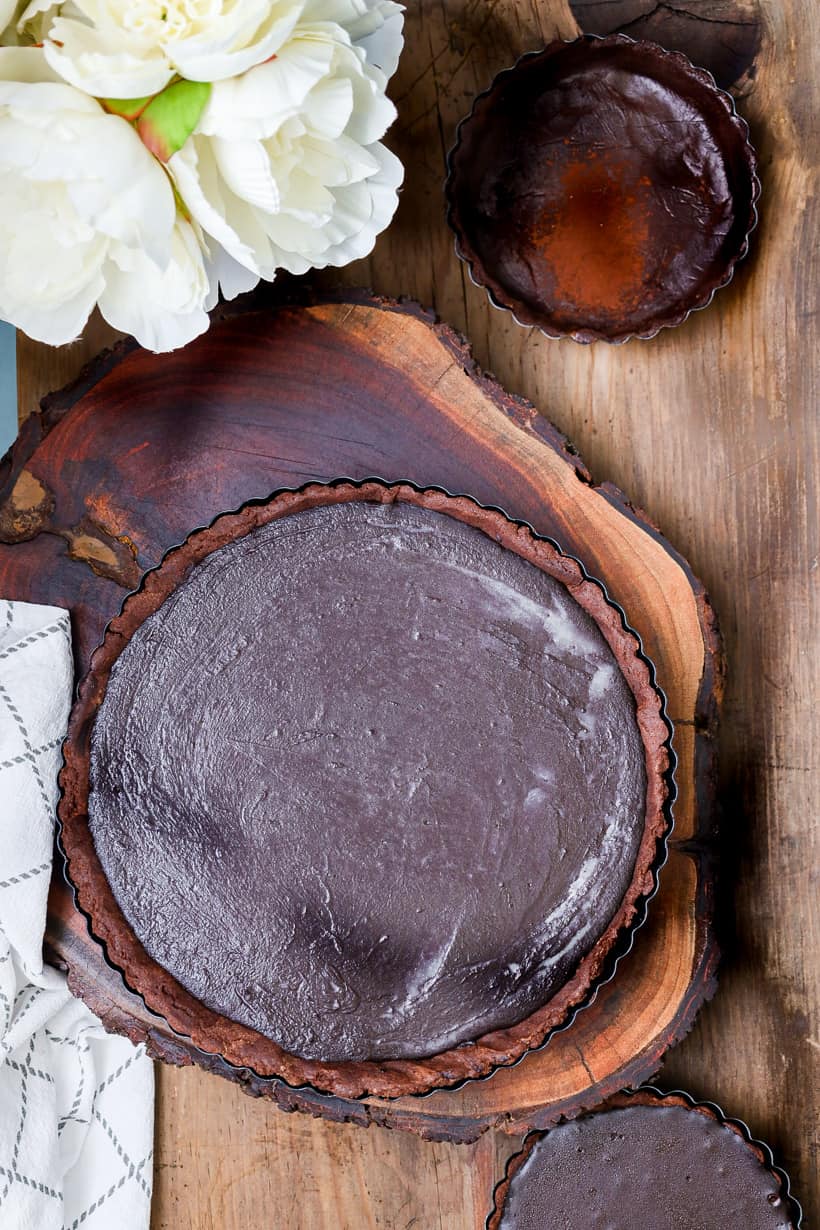 Chocolate tart on board
