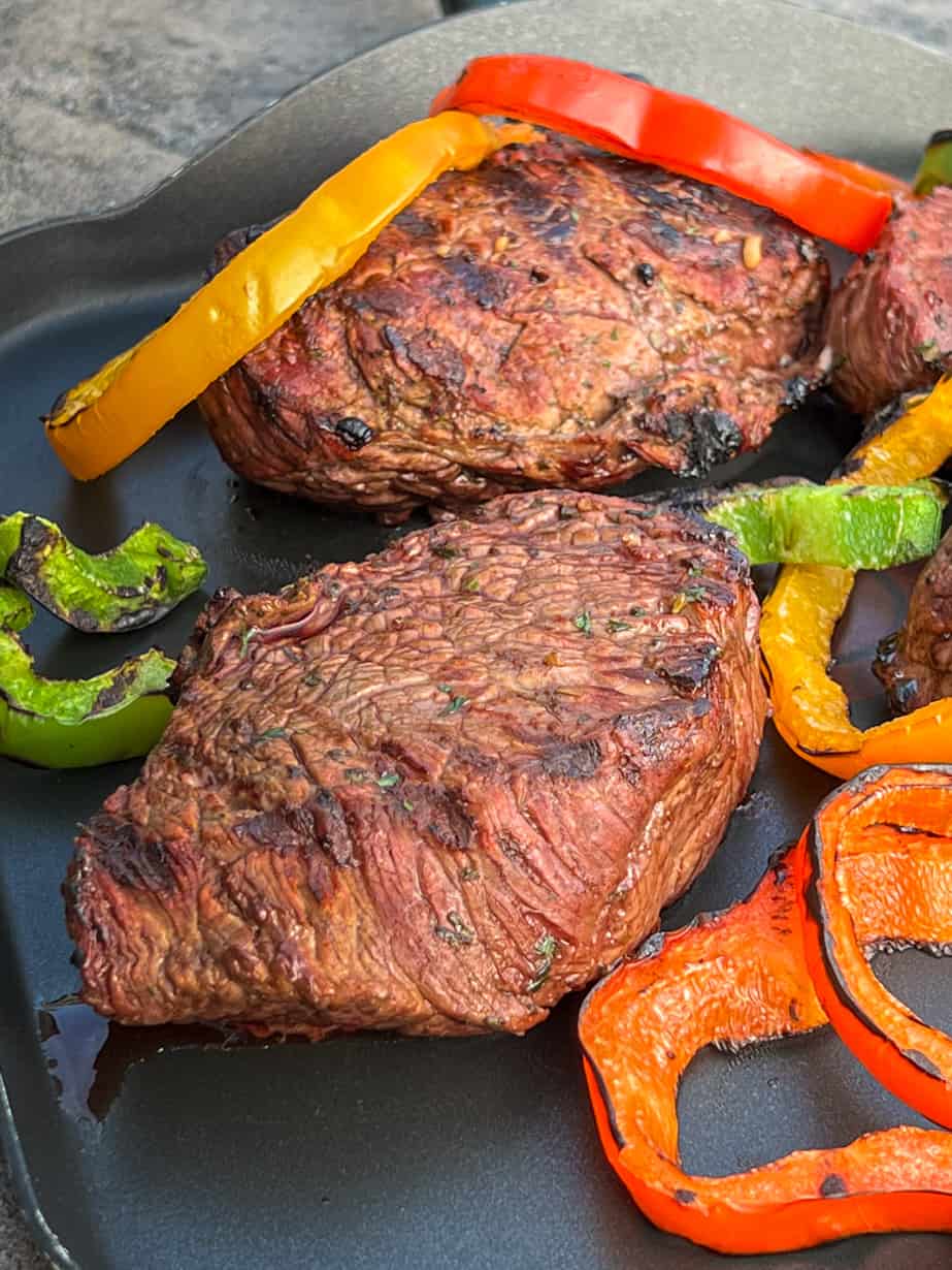 grilled steak pieces and peppers