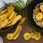 plantain chips on wooden board
