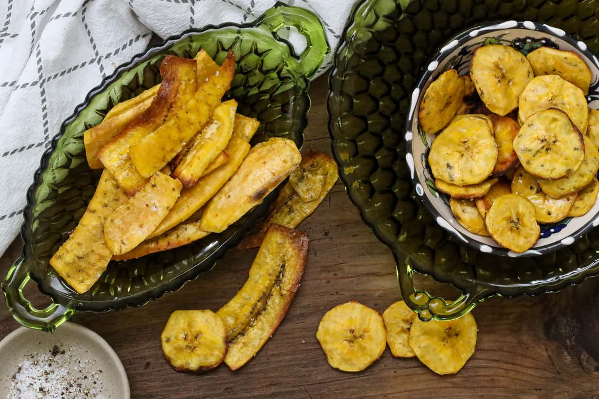 plantain chips on wooden board