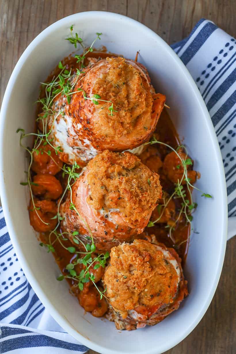stuffed salmon in baking dish.