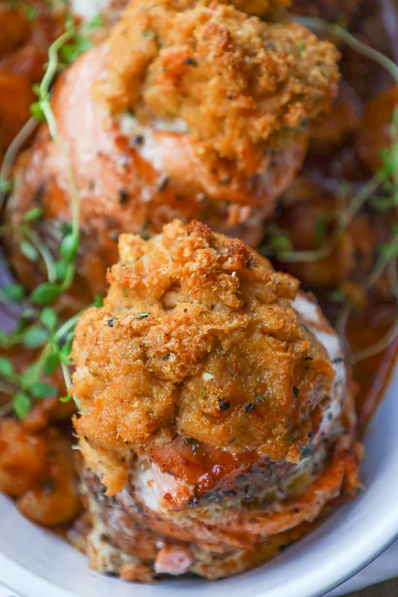 salmon stuffed with shrimp in baking dish