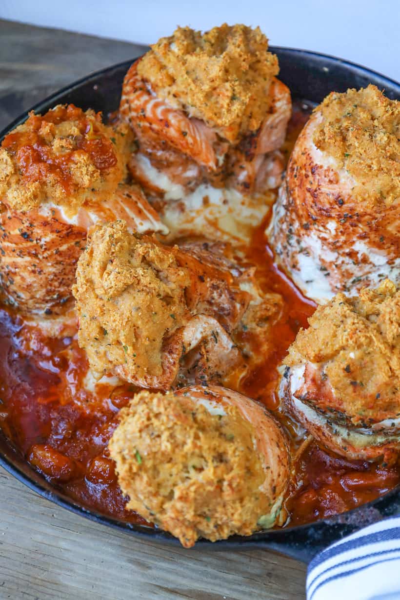 baked salmon rolls in skillet