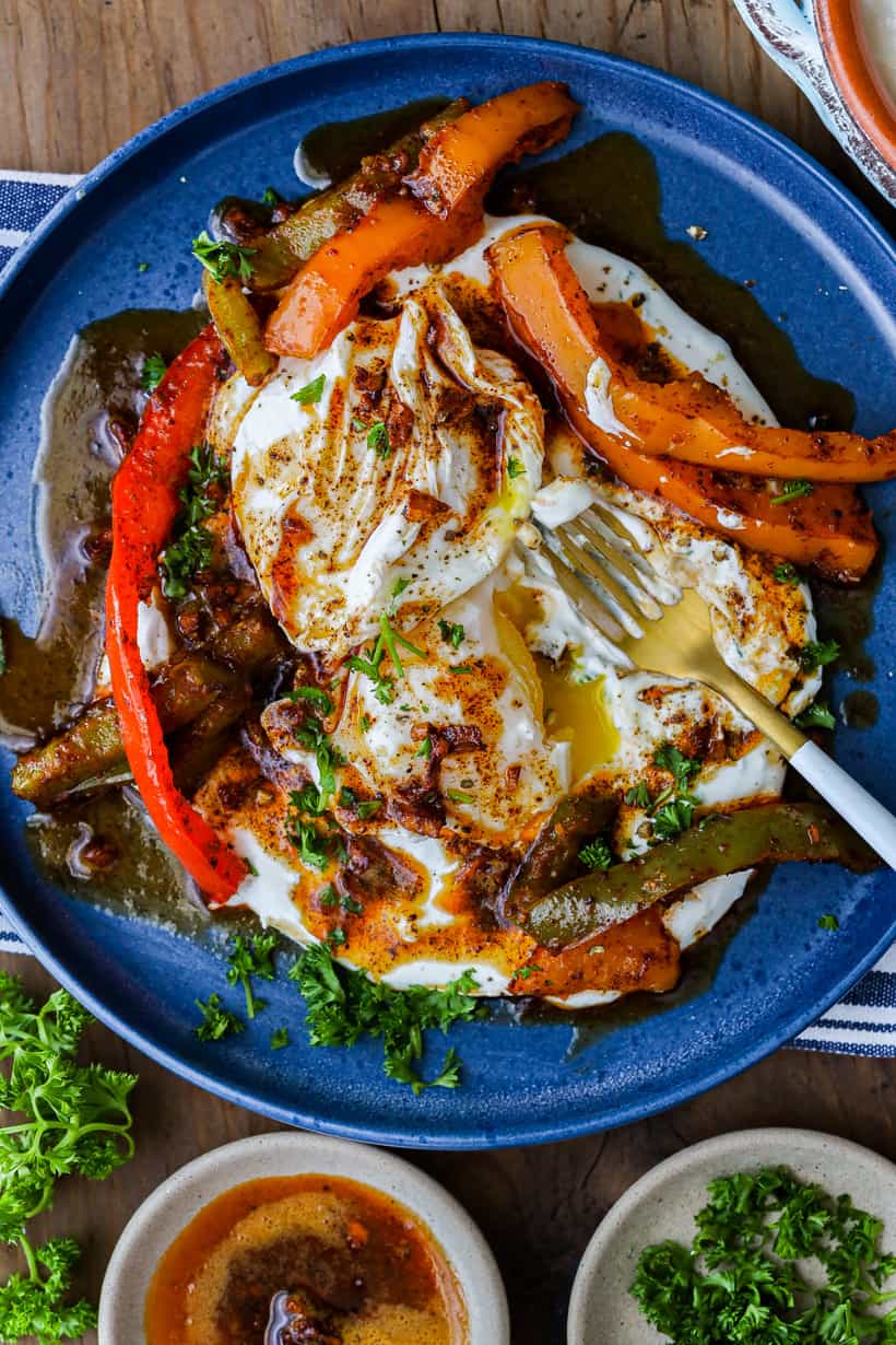 Turkish eggs on blue plate