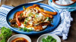 Turkish breakfast with poached eggs