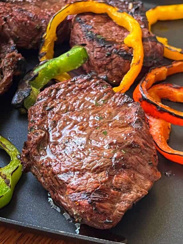 grilled beer steak with grilled peppers