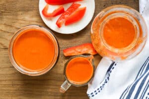 red pepper sauce in glass jars