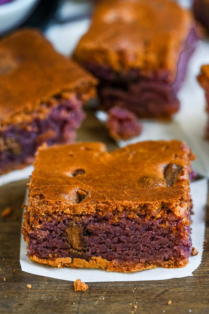 ube brownie recipe on parchment paper