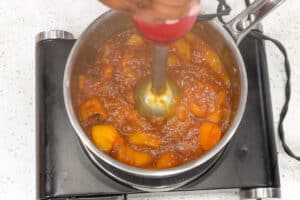 immersion blender blending mango coulis