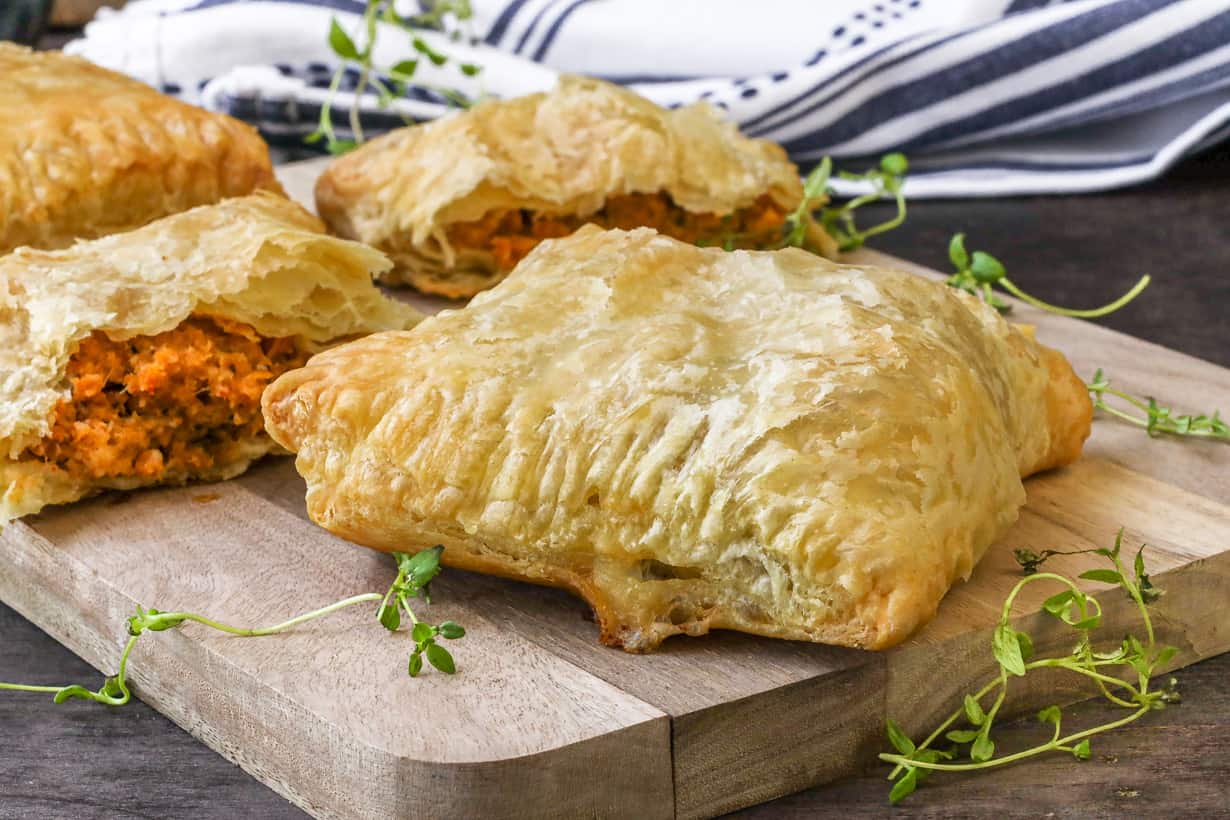 puff pastry patties on wooden board