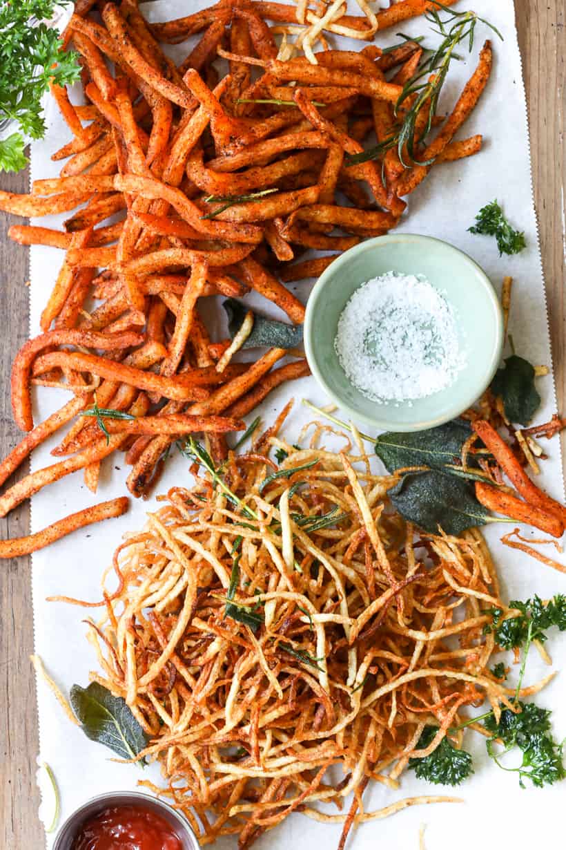 Shoestring fries both air fried and deep fried
