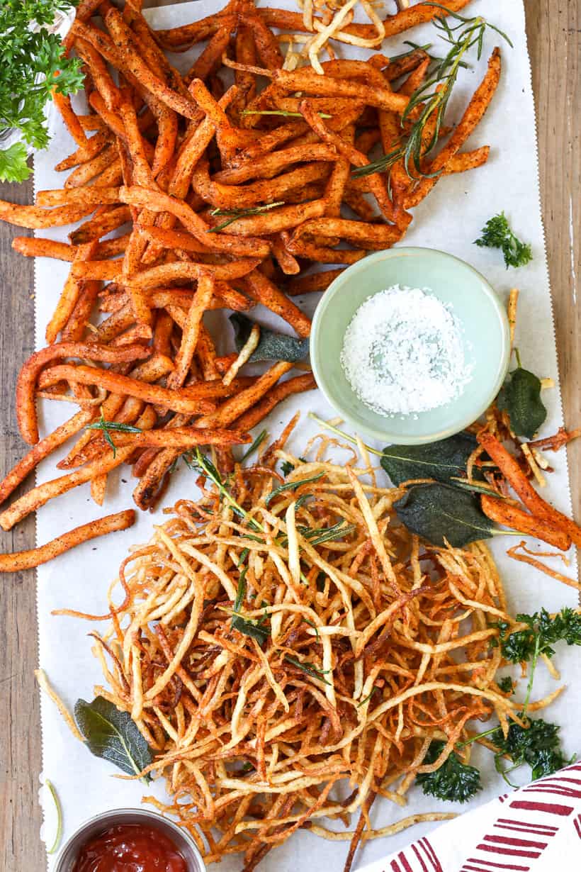 air fryer shoestring fries on parchment paper