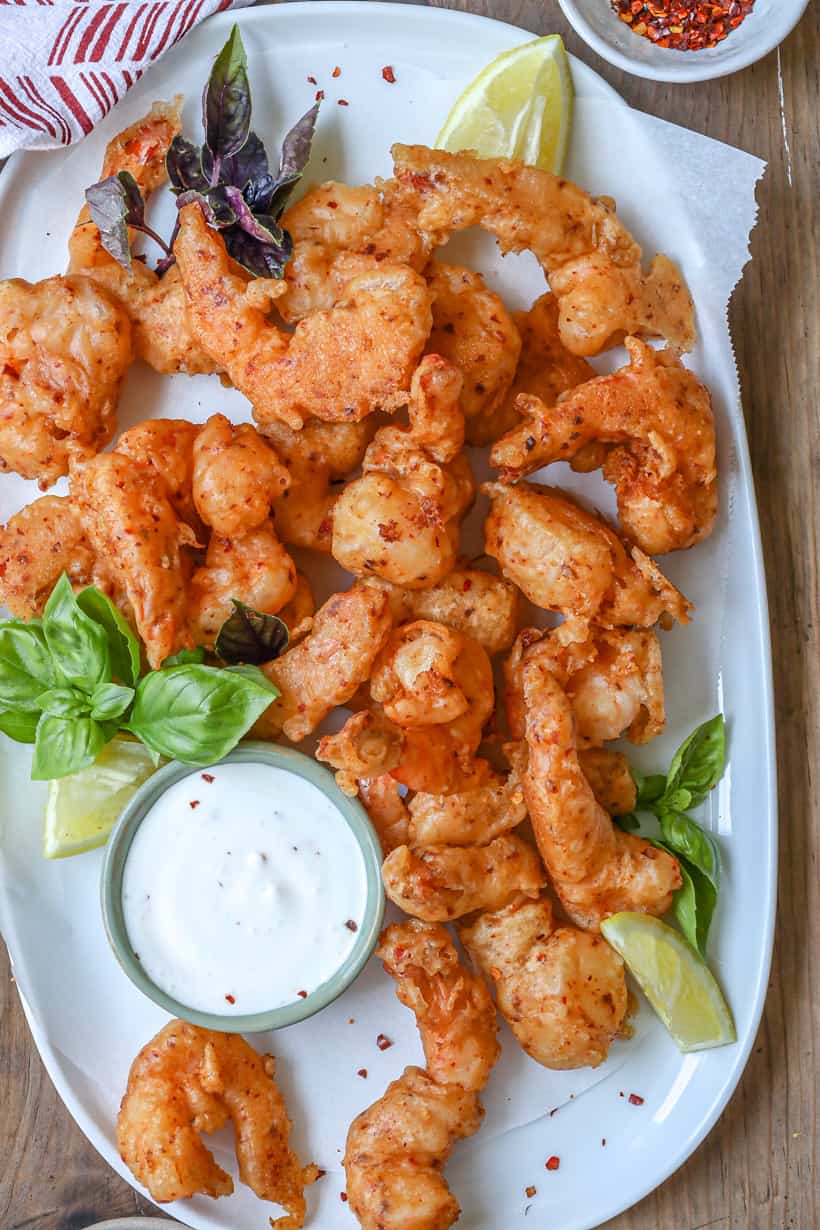 herbs, sauce and shrimp tempura