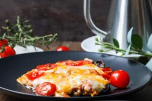 portobello mushroom pizza with cherry tomatoes