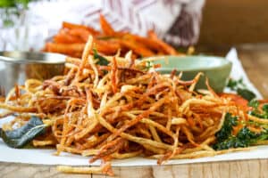 shoestring fries with fried herbs in the air fryer and deep fryer
