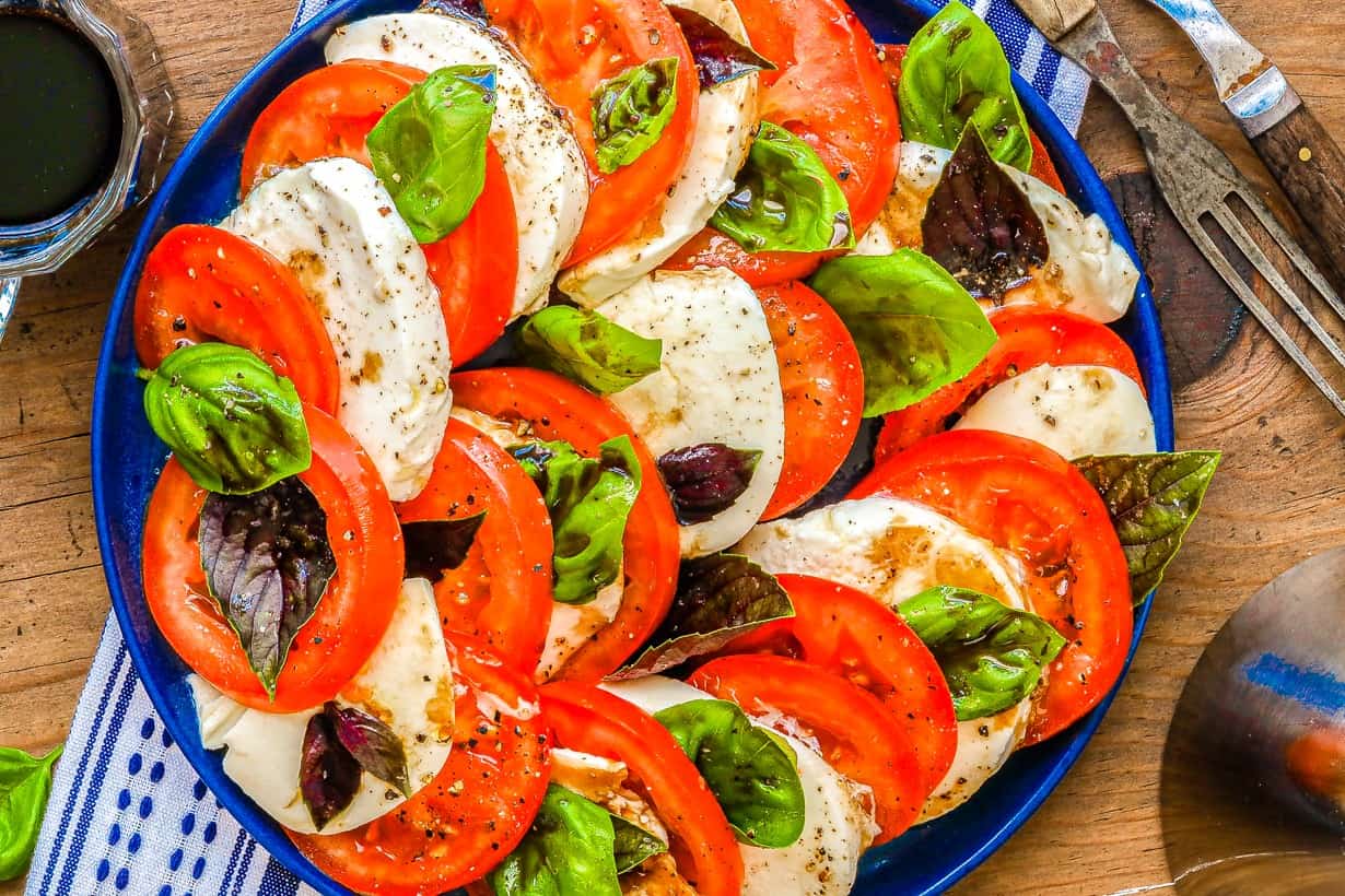 Caprese Salad on Blue Plate