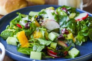 salad on blue plate
