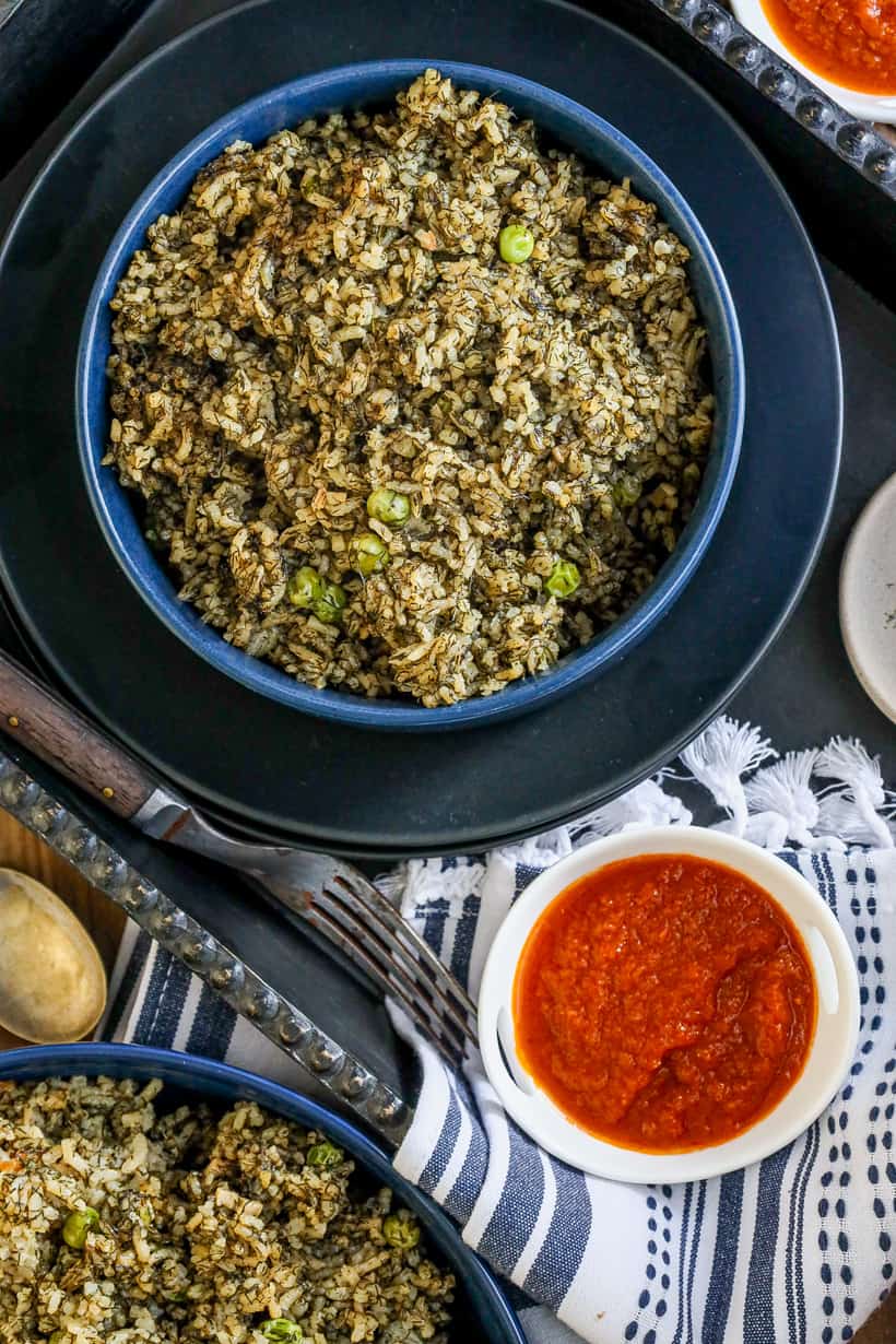 rice coked with dill on blue plate