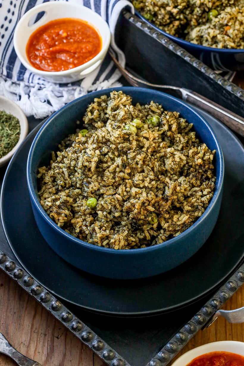 Dill rice in blue bowl