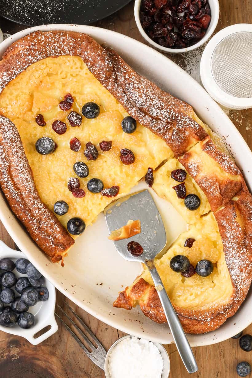 German Pancakes with fruits and powder sugar