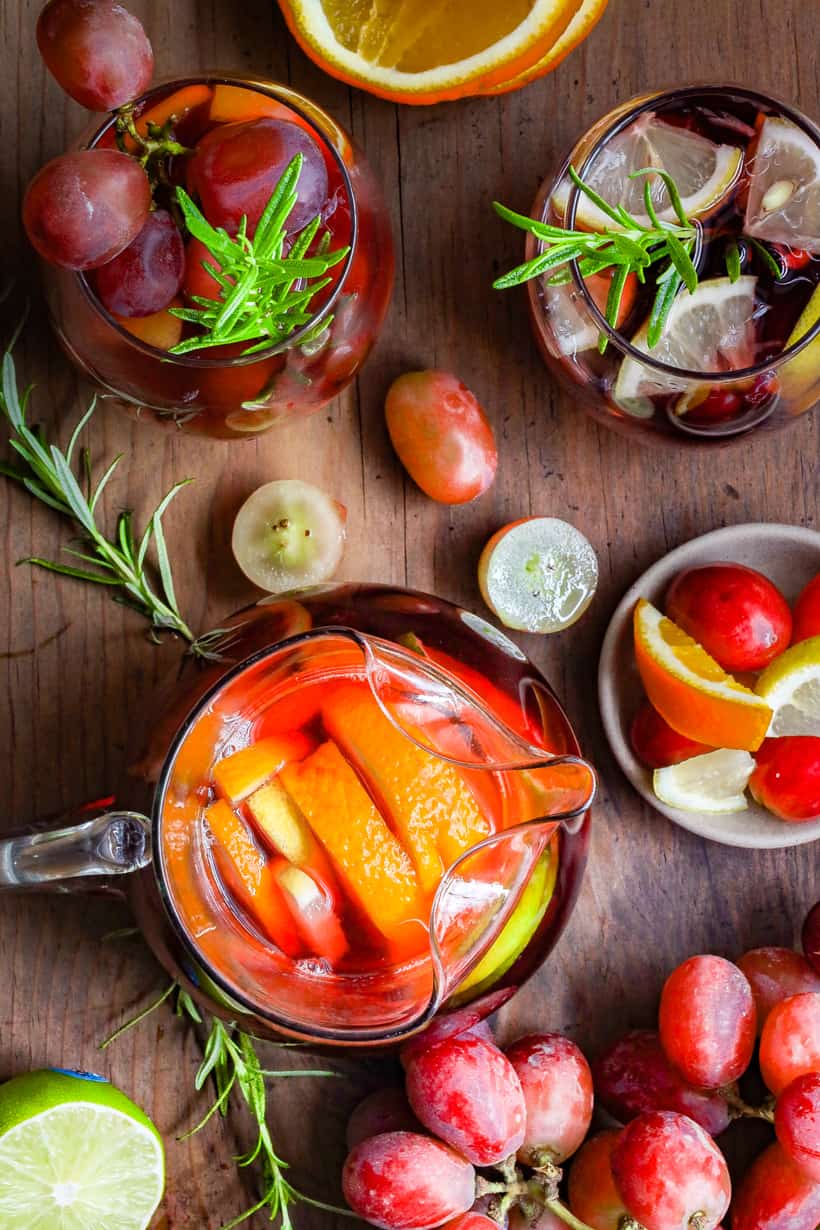 Pitcher and glasses filled with non-alcoholic sangria