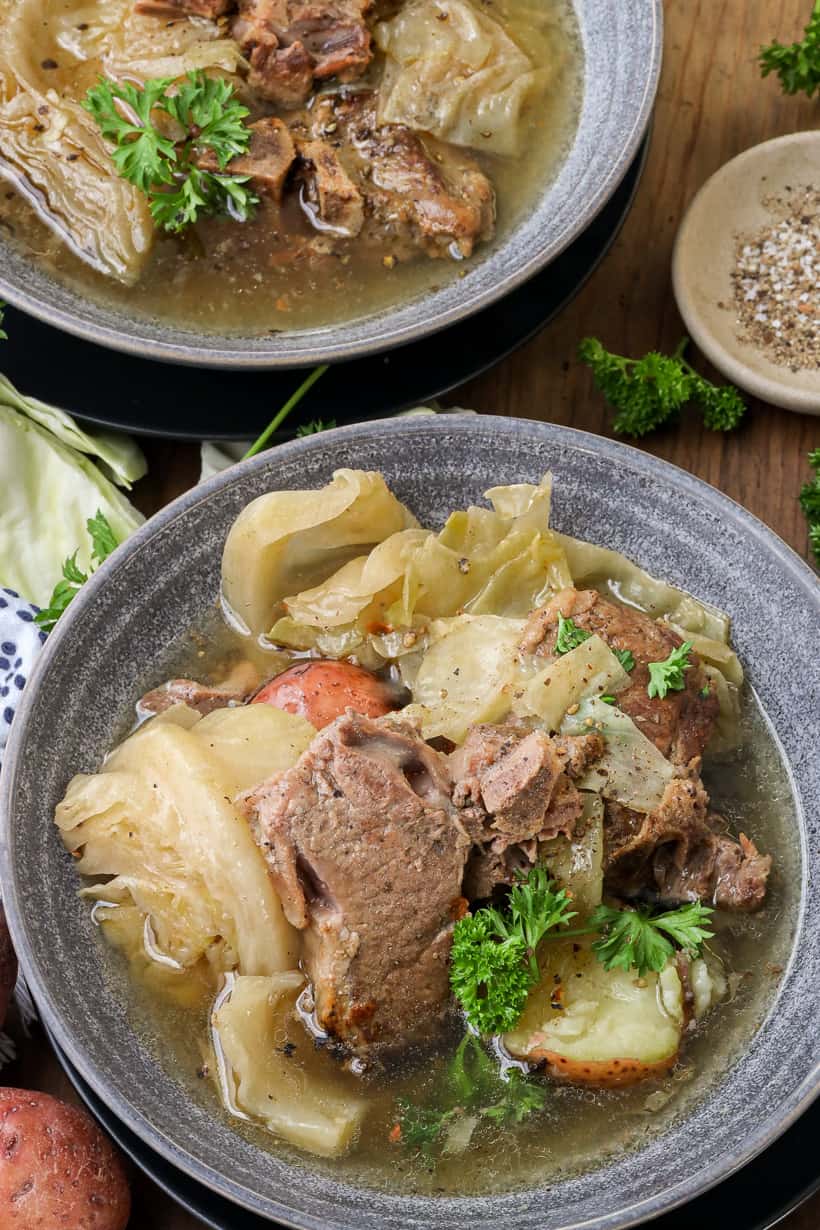 lamb stew in gray bowl