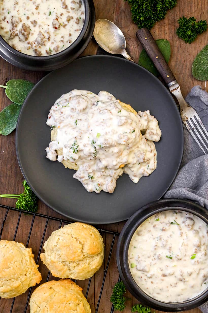 turkey sausage gravy on top of biscuits