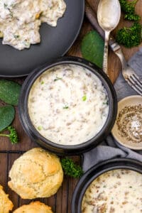 turkey sausage gravy in bowl with biscuits