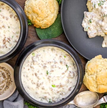 gravy in bowl and topped on biscuits