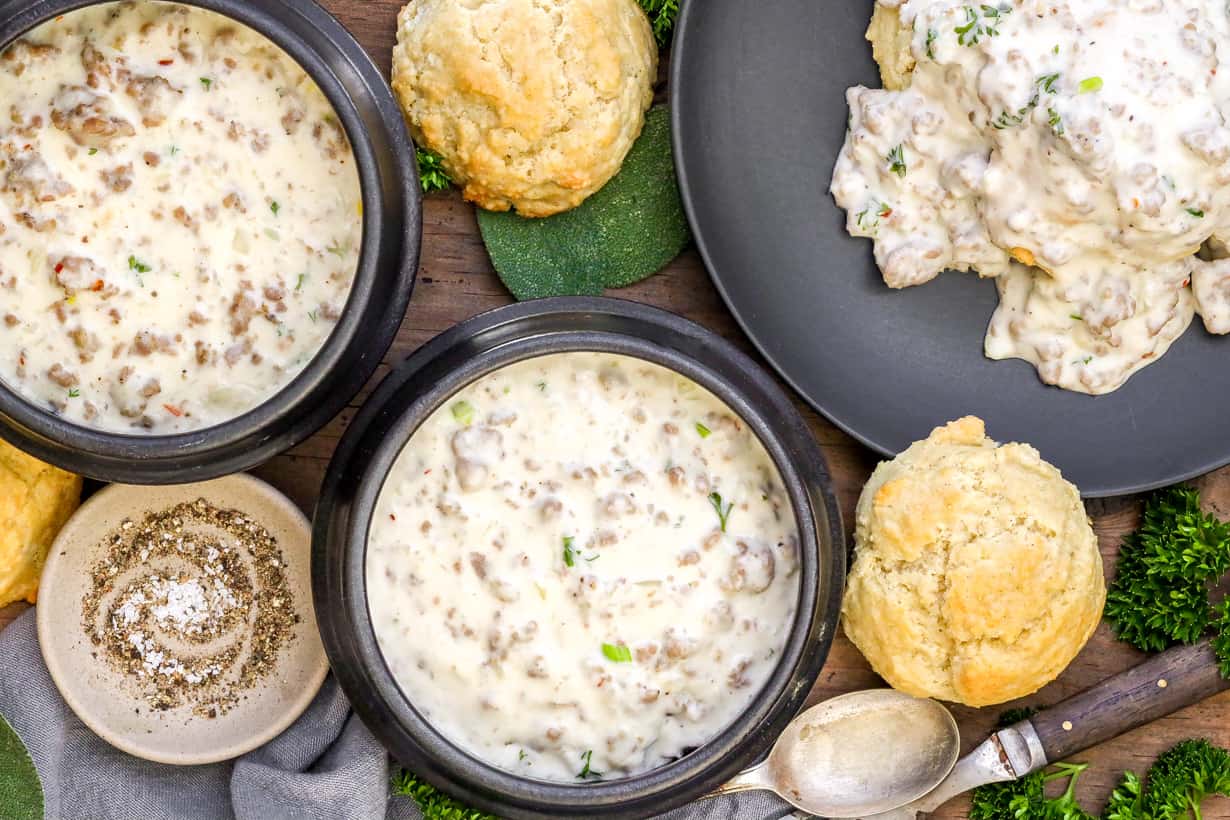 gravy in bowl and topped on biscuits