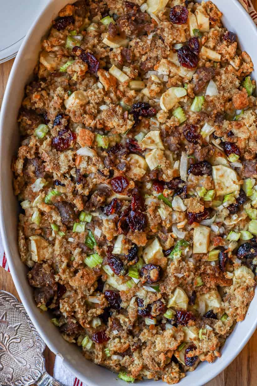 air fryer stuffing in white dish.