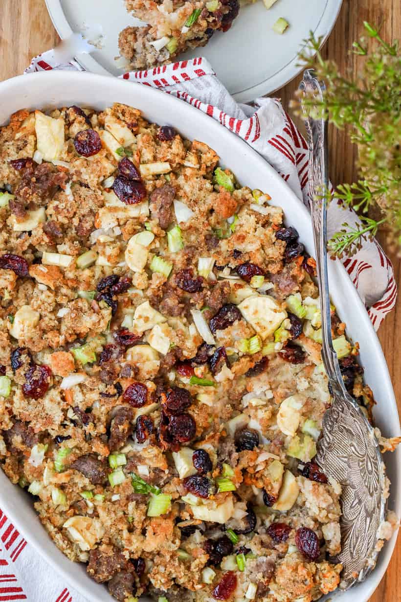 air fryer stuffing in white dish on wooden board